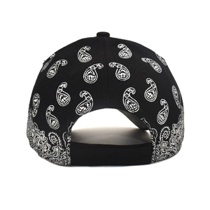 Black and white paisley baseball cap with adjustable buckle back view on white background