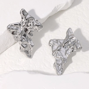 French style silver stainless steel stud earrings with irregular wrinkled liquid metal design