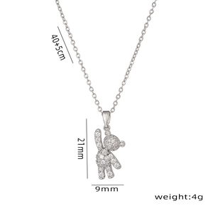 Silver bear pendant necklace with white zircon stones and dimension details on white background