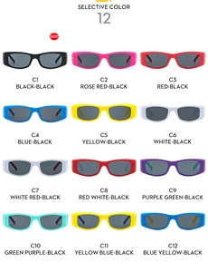 Detailed catalog showing 12 color variants of kids rectangular frame sunglasses