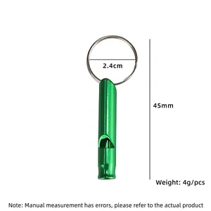 Green aluminum alloy survival whistle with key ring, dimensions 45mm and weight 4g