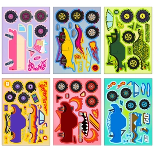 6 Sheets DIY monster truck stickers for kids with race car parts and colorful designs