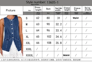 Size chart detail for vintage denim vest showing measurements from S to XXL sizes