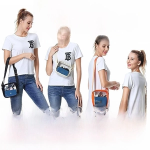 Three color options of clear PVC crossbody bags shown in various stylish carrying ways