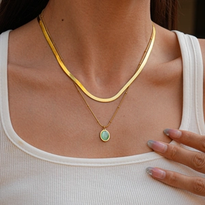 Collier Double Rang Acier Inoxydable Or Chaîne Serpent Avec Pendentif Ovale En Pierre Oeil De Chat Vert Bijoux Femme