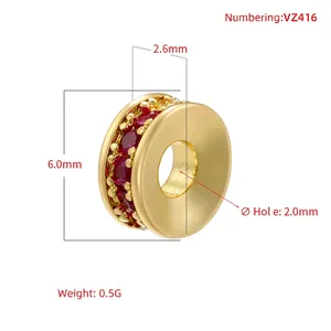Round 18K gold plated copper spacer bead with inlaid red cubic zirconia for DIY jewelry