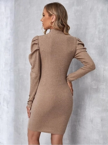 Long sleeve slim fit maternity knit dress in light brown with high neck and ribbed texture