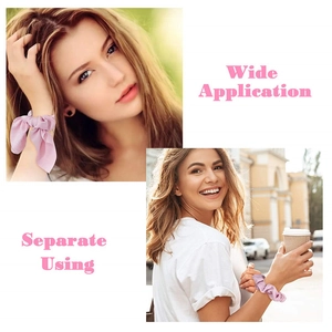 Lilac satin hair scrunchie with detachable ribbon worn on wrist for a stylish look