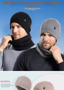 Close-up of thermal fleece lining and knit texture on winter hat and scarf set