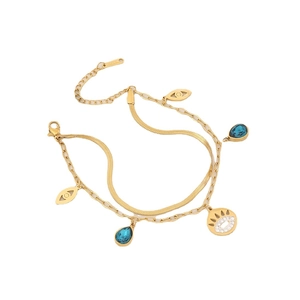 Double-layer gold stainless steel bracelet with evil eye and blue teardrop charms