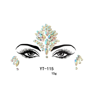 Close-up detail of acrylic face rhinestone stickers for festival and party makeup.