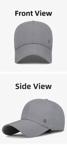Detail view of grey cotton baseball cap with premium texture and metal R logo