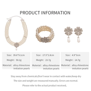 Baroque multi-layer pearl jewelry set with rhinestone flower charms and product dimensions