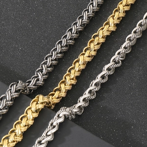 Detail of woven keel chains in vintage silver, gold, and black steel finishes