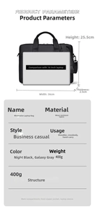 Detailed size specifications for 14-inch waterproof laptop bag with wear-resistant fabric