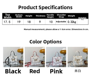 Size chart showing dimensions and colors for the bow-decorated PU leather backpack