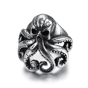 Vintage punk octopus skull ring in retro silver stainless steel with tentacle details