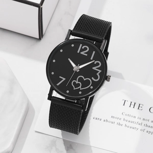Minimalist women's watch with heart dial and black stainless steel mesh band