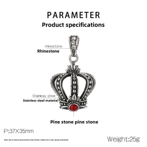 Detailed view of punk crown pendant in antique steel with red stone and rhinestones
