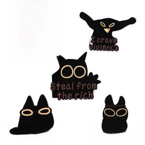 Set of 5 funny black cat and owl enamel pins with humorous punk style English quotes