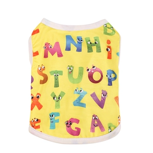 Yellow summer dog vest with colorful cartoon letter print on a clean white background