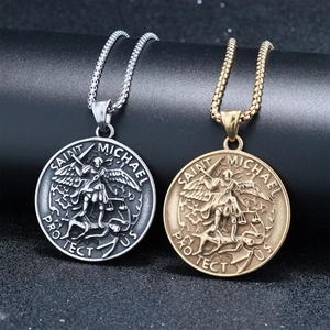 Norse Viking Saint Michael archangel round coin pendant necklace in silver and gold finish