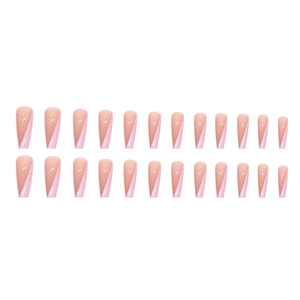 Pink French ombre coffin press-on nails set with elegant diagonal split design 24pcs