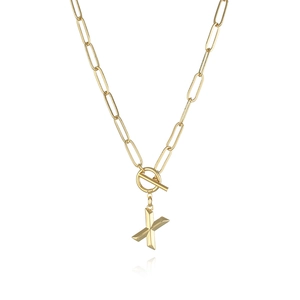 Macro view of 18K gold-plated paperclip chain necklace with OT clasp and X pendant