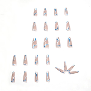 Blue and white wave pattern press-on nails in long coffin shape with marble fluid art