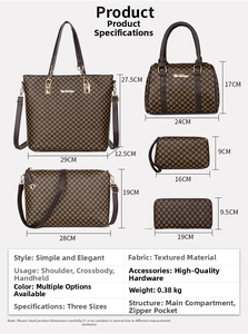 Detailed size chart for the six-piece brown plaid tote bag set with precise dimensions