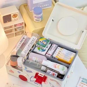 Ambulance-style double-layer home medicine box with handle and clear lids