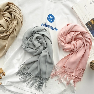 Soft solid cashmere feel scarves in beige grey and pink with fringe for autumn