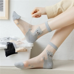 Women's ultra-thin transparent crystal socks with cute cartoon cat pattern in multiple colors