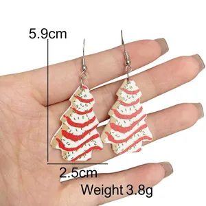 Detailed view of colorful acrylic Christmas tree earrings with size 5.9cm x 2.5cm