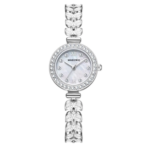 Elegant MREURIO women watch with silver shell dial and crystal-encrusted leaf strap