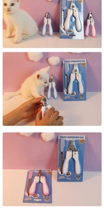 Blue and pink pet nail clipper sets with stainless steel blades and matching files