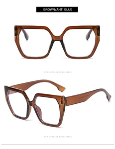Detail of square oversized brown anti-blue light glasses with transparent resin frames