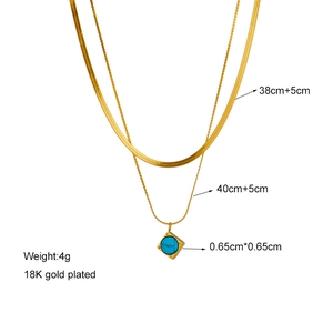 Double-layered 18K gold plated chain necklace with a turquoise square pendant and dimensions