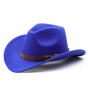 Detailed close-up of a royal blue felt cowboy hat with a brown suede belt and metal buckle