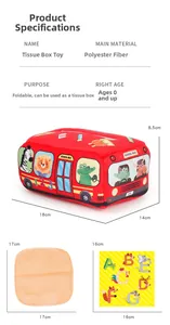 Educational school bus tissue box toy for babies with colorful fabric scarves and sizing