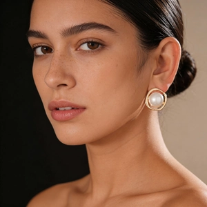 Close-up of elegant gold pearl earring worn by model showing luxury minimalist style