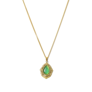 18K gold plated necklace with green stone oval pendant in vintage filigree frame