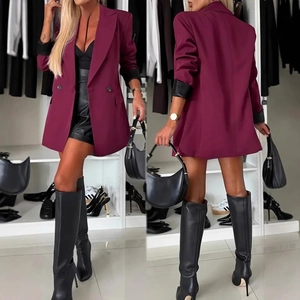 Front and back view of elegant burgundy lapel blazer with black contrast cuffs