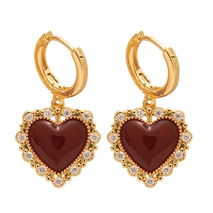 Vintage gold-plated heart hoop earrings with dark red enamel and sparkling zircons