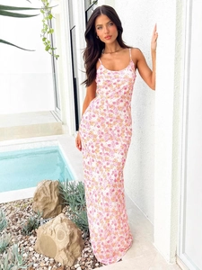 Women summer floral maxi dress with spaghetti straps for elegant beach resort vacation