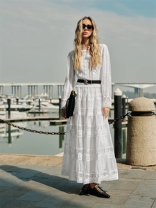 White Lace Crochet Maxi Dress Long Sleeve Hollow Out French Style Elegant Chiffon Vacation Party For Women
