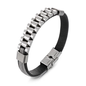 Men Watchband Style Bracelet Stainless Steel And Leather Splicing Industrial Creative Minimalist Jewelry