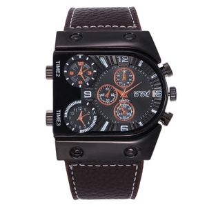 Orologio uomo oversize al quarzo multi-movimento con un ampio cinturino in pelle marrone.
