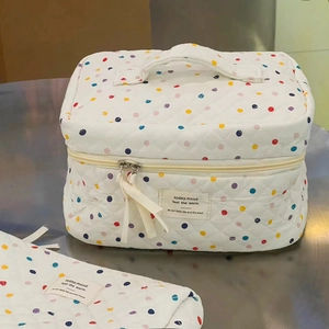 Quilted colorful polka dot cotton makeup bag set with top handle and zipper closure