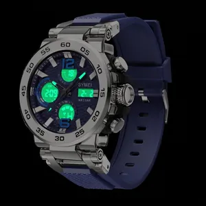 Dual-display sports watch with blue silicone strap and luminous EL backlight features